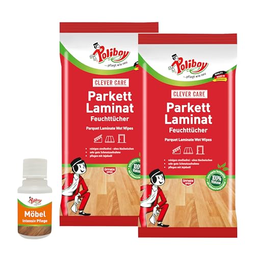 Poliboy Parkett Laminat Feuchttücher - Bodentücher zur Parkettreinigung und Pflege - 2x 15 Tücher - Mit Produktprobe - Made in Germany