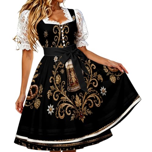 Dirndlkleid Damen 2tlg inkl.Dirndl und Dirndlschürze, Midi Trachtenkleid Trachtenmode Kleid Dirndl Kleidung Tracht Dirndlkleid Schürze Spitze Kleid für Mode Oktoberfest Outfit