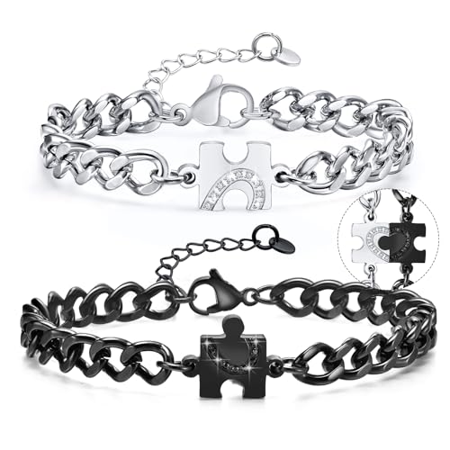 Gamtic Paar Armbänder Partnerarmbänder mit Puzzle - Yin Yang Puzzle Pärchen Armband Verstellbare Panzerkette in Silber und Schwarz, Geschenk für Sie und Ihn Paare