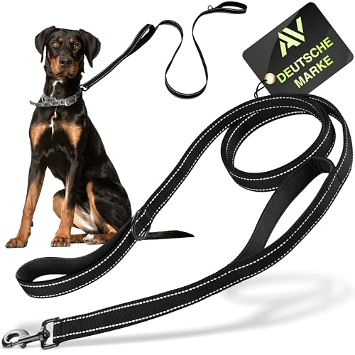 AVANA Hundeleine mit integriertem Kurzführer reflektierende Leine | 2 handschonende gepolsterte Handschlaufen | 1,5 Meter Führleine für große und mittelgroße Hunde - Schwarz