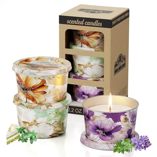 Duftkerze Scented Candles-Lavender & Thyme, Vanilla Cake, Jasmine & Musk & Sandalwood, 3 x 70g, Brenndauer ca. 30 Stunden