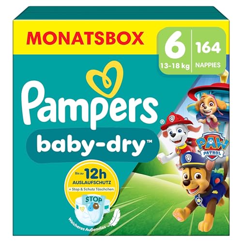 Pampers Baby-Dry Paw Patrol Edition Größe 6, 164 Windeln, 13kg-18kg, Bis zu 100% Auslaufsicher & Komfortable Nacht