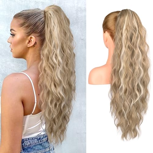 REECHO Ponytail Extension, 66 cm Long Beach Gewellt Zugband Pferdeschwanz Haarverlängerung Synthetischer Pferdeschwanz Haarteil für Frauen – Aschblond mit Highlights