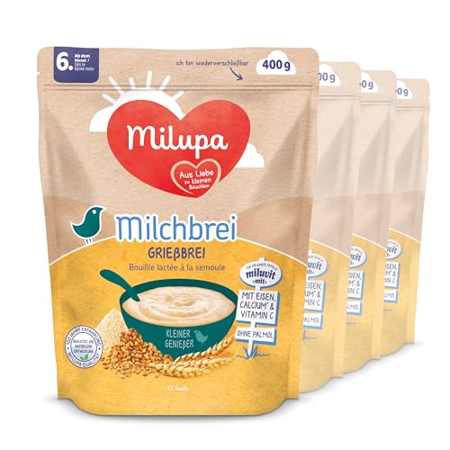 Milupa Miluvit Milchbrei Grieß – Babybrei ohne Palmöl – Frei von Konservierungs- und Farbstoffen – Ab dem 6. Monat – 4 x 400 g