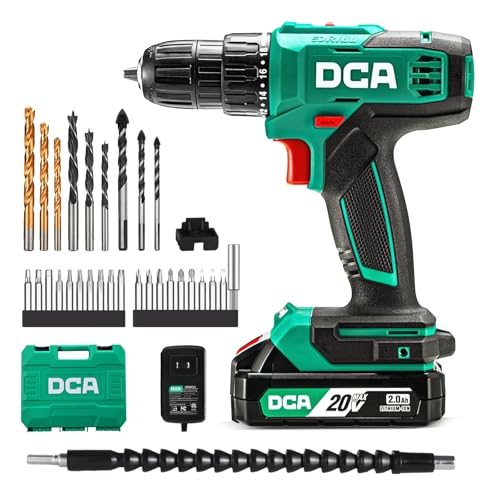 DCA Akku-Bohrschrauber-Set, 40 Nm Drehmoment, 10 mm schlüsselloses Bohrfutter, Elektroschrauber mit 2,0Ah Akku und Ladegerät, 18+1 Drehmomentstufen, 25-teiliges 20V-Bohrerset, Modell ADJZ2035