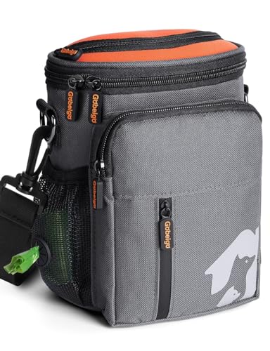 Gobeigo Leckerli-Tasche für 8 Tassen und Trainings-Clicker, Hundetasche mit Handyhalter, integriertem Kotbeutelspender, 3-Wege-Tragbare Haustier-Fanny-Tasche für Outdoor-Reisen (Grau und Schwarz