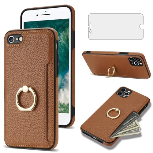Asuwish Handyhülle für iPhone 7 Plus/8 Plus Hülle mit Folie Panzerfolie Schutzfolie und Ring Ständer Kartenfach Leder Geldbörse Ständer i 7Plus 8Plus + 7+ 8+ Handy Hüllen Schutzhülle Phone Case Braun