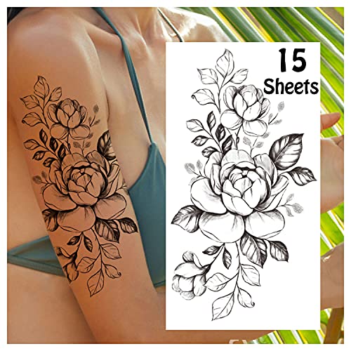LEADTEAM 15 Blätter Fake Tattoos Erwachsene, Temporäre Tattoos 3D Rose Tattoo Klebe Tattoo Wasserfeste Tattoo Aufkleber Arm Tattoo, Klebetattoos Frauen Tatoos Aufkleben Damen Halloween Deko