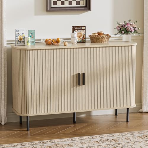 BonVache Sideboard Schrank, Buffet-Aufbewahrungsschrank, Küchenschrank mit Tambour Schiebetür, Aufbewahrungseinheit für Wohnzimmer Zuhause Esszimmer Modern, Beige
