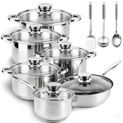 Colourcoco Edelstahl Topfset Induktion - 15-teiliges Antihaft Pfannenset, 1 Bratpfanne 5 Töpfe 6 Deckel 3 Utensilien, mit Kühlen Griffen, Induktions- & ofenfest, Silber