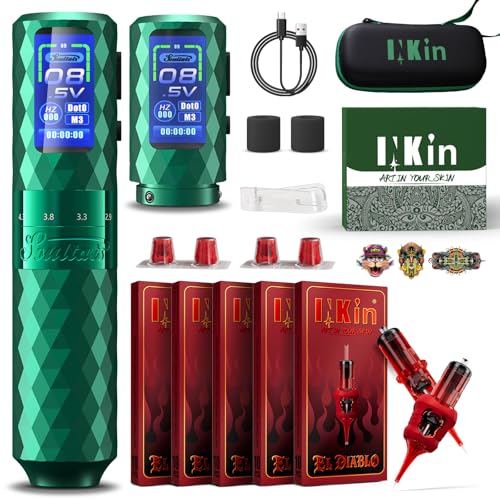 INKin Tattoo Maschine Set, Kabelloser Tätowiermaschine mit 6 Hublänge 2.5mm-4.8mm und 2Pcs 1600mAh Batterien für 8-9 Stunden Arbeit, Tattoo Set mit 50pcs Tattoo Nadeln Set für Profi Künstle und Studio