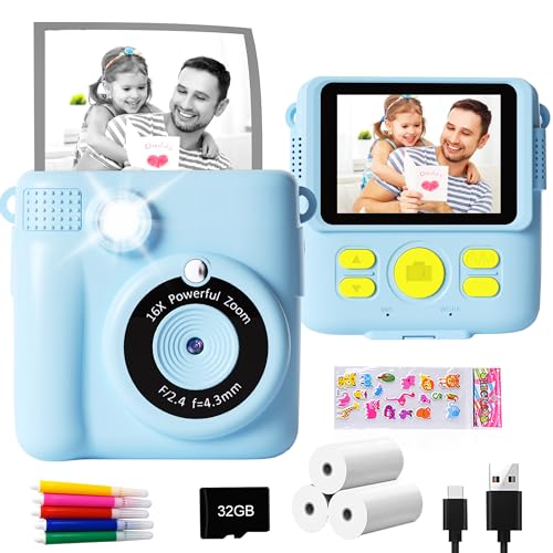 GKTZ Sofortbildkameras Kinder - 1080P HD Sofortdruck von Fotos - Geburtstag Geschenk für Mädchen im Alter von 4 5 6 7 8 9 10 Jahren - Tragbares Spielzeug mit 3 Rollen Fotopapier, 32-GB-Karte - Blau