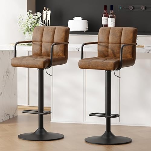 Ckaff Barhocker 2er Set, Barstuhl höhenverstellbar aus PU-Leder, 360°Drehstuhl Küchenstuhl mit Armlehnen, Rückenlehne und Fußstütze für Küche, Wohnzimmer, Esszimmer, Gelbbraun