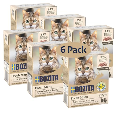 Bozita Tetra Häppchen in Sauce mit Hühnchen & Pute – 6x370g Getreide- & zuckerfreies Premium-Katzenfutter, ohne Gentechnik, mit 7,5% Protein und 5% Fettgehalt – leckeres Nassfutter für Feinschmecker