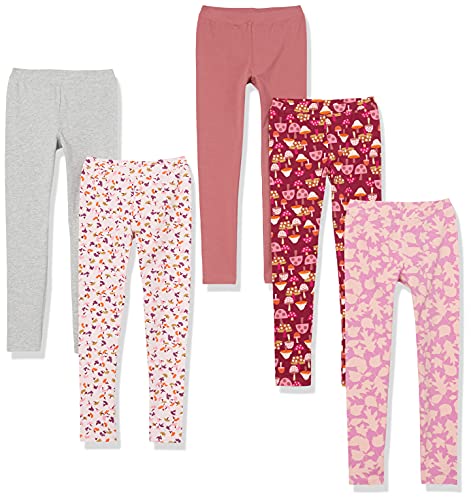 Amazon Essentials Mädchen Leggings, 5er-Pack, Dunkelrosé/Grau/Hellrosa Floral/Rosa Blattmuster/Rot Pilz, 5 Jahre