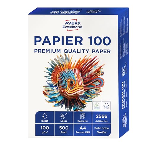 AVERY Zweckform 2566 Drucker-/Kopierpapier (500 Blatt, 100 g/m², DIN A4 Papier, hochweiß, für alle Drucker) 1 Pack
