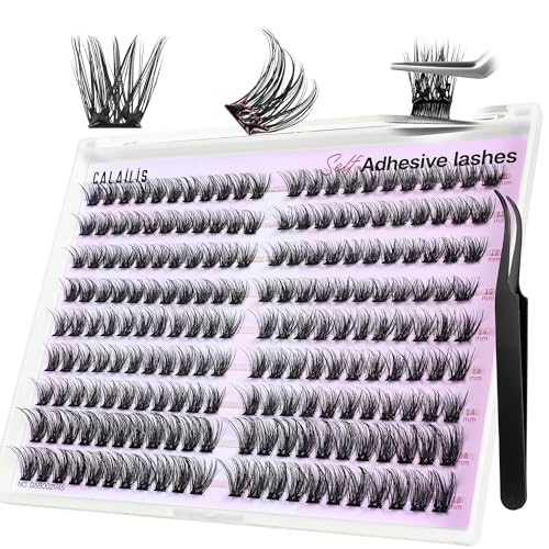 CALAILIS Selbstklebende Wimpern Extensions, 198 Pcs D Curl Wispy Wimpern Selbstklebend Press on Lashes No Glue Needed Pre Kleber Wimperns Mit Pinzette (A14)