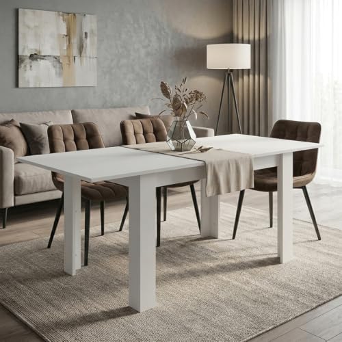 Krok Wood Ausziehbarer Esstisch Lora 120x70x76 cm (160 (120+40) x 70 x 76 cm), Küchentisch Weiß aus laminierter Spanplatte, rechteckiger Esszimmertisch mit Erweiterung für Küche und Wohnzimmer