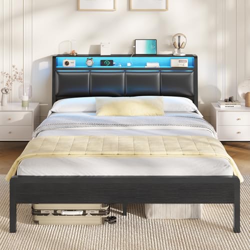 KIMENICH Bett 140 x 200, Bett mit LED-Beleuchtung, Polsterbett 140x200, Ladestation, Bettgestell mit Lattenrost, für Schlafzimmer, Gästezimmer, Schwarz