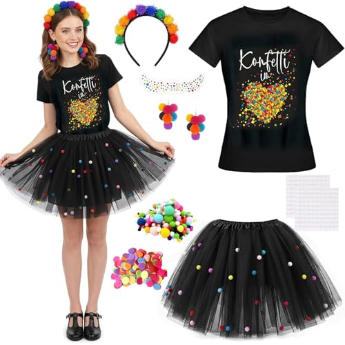 Xerteam Konfetti Kostüm Damen Set, Karneval Kostüm mit Konfetti Im herzen T-Shirt Damen, Tüll-Tutu-Rock, Gesichtssticker, Haarreif Pompons Bunt, Ohrringe Fasching, Pompons, für Fasching Mottoparty