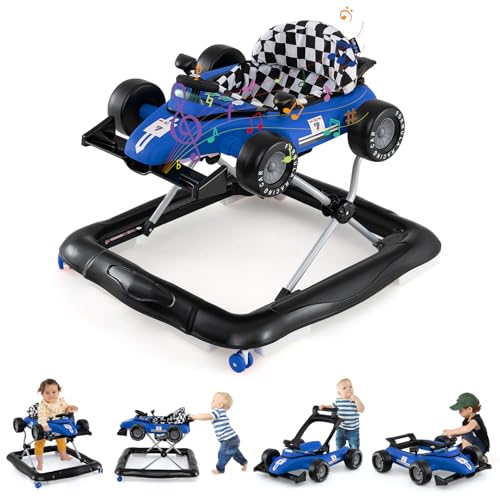 COSTWAY 4 in 1 Lauflernhilfe, Lauflernwagen klappbar mit einstellbarer Höhe, Baby Walker Autoförmig mit Lenkrad & Spieluhr, Laufwagen mit Rädern für Baby von 6–18 Monaten (Blau)