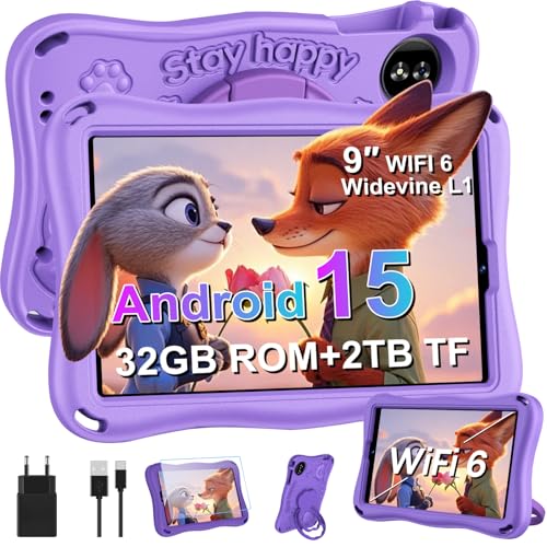 SUAAT 2026 Kinder Tablet 9 Zoll Android 15 mit 32GB ROM+TF 2TB, 5G WiFi, Gemini AI, Octa-Core, Widevine L1, GPS, Face ID, Kindersicherung, 1340 * 800, 5000mAh, BT 5.0, Kids Tablet mit Eva Case - Lila