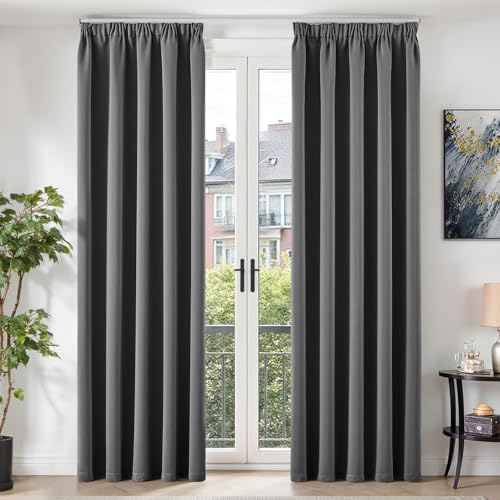 TOPICK Gardinen mit Kräuselband Vorhänge Blickdicht Verdunklungsvorhänge blackout Curtains living Room 245x140 cm 2er set Vorhänge Wohnzimmer modern Gardinen für Schienensystem Schlafzimmer Dunkelgrau