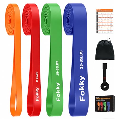 Fokky Fitnessbänder Resistance Bands Set, 4 Stufen Widerstandsbänder mit Türanker/Übungsposter/Tragetasche, Fitnessband Klimmzug Bänder für Krafttraining, Muskelaufbau, Heimtraining, Klimmzughilfe