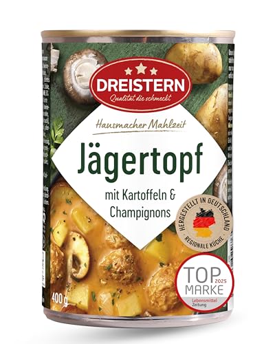 DREISTERN Jägertopf 400g I Mit Kartoffeln & Champignons I Herzhaftes Fertiggericht in recyclebarer Konservendose I Lange Haltbarkeit dank natürlicher Konservierung I Hausmacher Qualität
