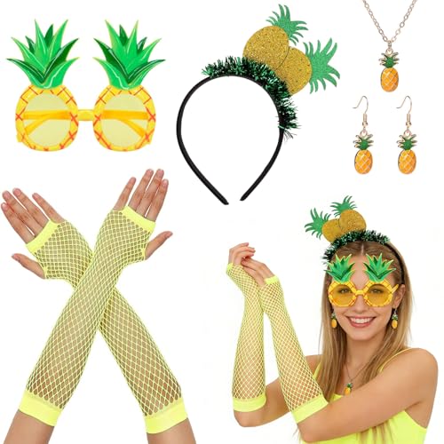 Forbabe 6 Stück Ananas Kostüm Zubehör Set mit Ananas Haarreif Ananas Brille Handschuhe Halskette Ohrringe Hawaii-Kostüm-Set für Fasching Karneval Fasching Kostüm Verkleidung Ananas