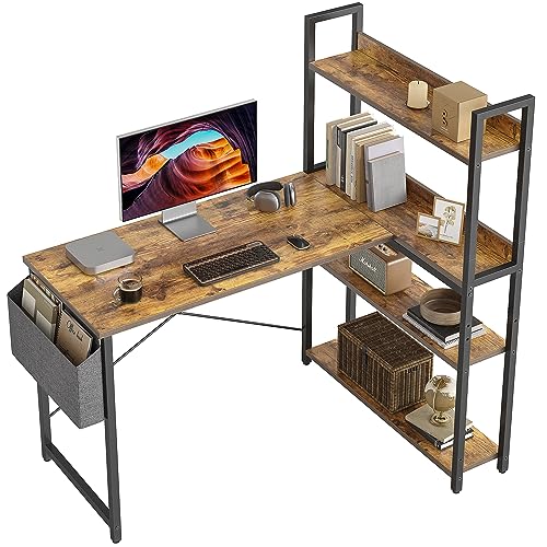 CubiCubi Schreibtisch mit Regal,Eckschreibtisch für Heimbüro,Kleiner L-förmiger Computertisch mit Ablagefächern,Bürotisch mit Aufbewahrungstasche, 100cm Braun.