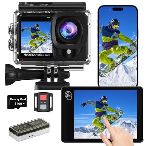 TIMNUT Touchscreen 4K60FPS Action Cam mit 64G Karte, 40M Unterwasserkamera 48MP HD WiFi Kamera mit EIS 8X Zoom Wasserdicht Actionkameras Weitwinkel Sportkamera mit 2 * 1350 mAh Akkus
