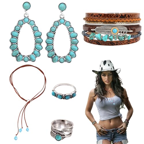 Scinzene 5 Stück Western Outfit Damen Zubehör -Halskette Ohrringen Ringen Armbändern, Boho Schmuck, Hippie Kleidung Damen Zubehör, Für Cowgirl, Hippie, Boho Style