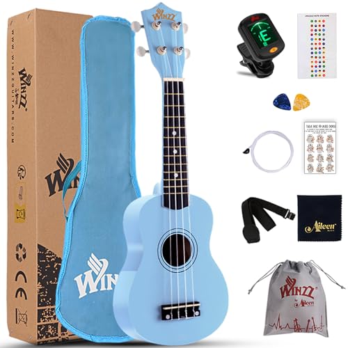 Winzz Sopran Ukulele Starter Kit für Anfänger, mit Tasche, Clip-On Tuner, zusätzlichen Saiten, Gurt, Plektron, Griffbrettaufkleber, Akkord-Karte, Poliertuch, Blau