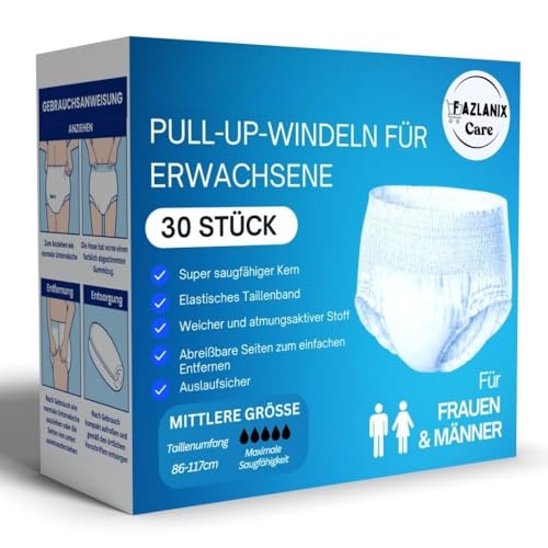 FAZLANIX Pull-Up Einweg-Inkontinenzhosen für Erwachsene, Größe M (86–117 cm), 30 Stück – Elastischer Bund, komfortabler Schutz für den Alltag bei leichter bis mittlerer Blasenschwäche