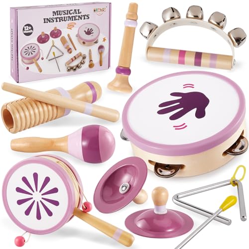 BUYGER Percussion Instrumente für Kinder, Baby Montessori Musikspielzeug aus Holz, Musikinstrumente mit Tamburin, Becken, Holzspielzeug Geschenke für Kinder ab 1 Jahre