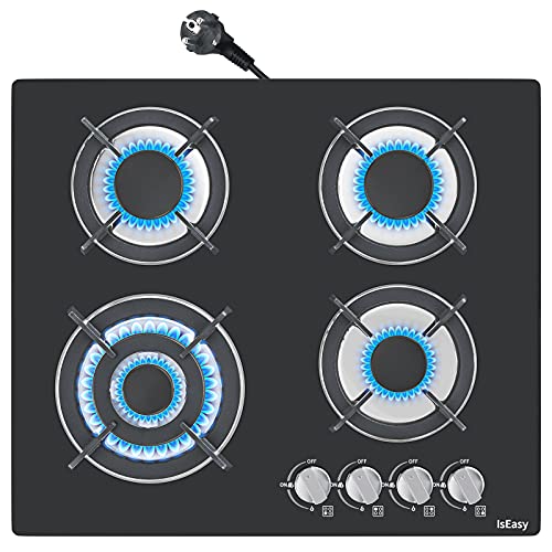 Glas Gaskochfeld, IsEasy 4 Flammig mit Automatischer Thermoelementschutz, Einbau Gaskochfeld, 4 Zonen Gaskocher, Erdgas(20mbr)/Propangas(30/50mbr), Schwarz Glasherd, 60cm 7800W, 220-240V