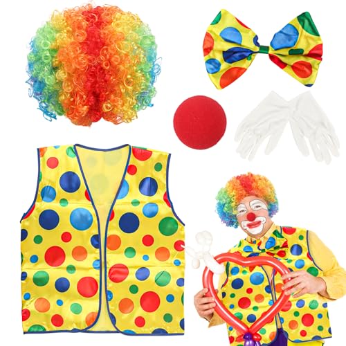 Phlognfy Clown Kostüm Erwachsene, Zirkus Clown Cosplay Kostüm, mit Perücke Nase Handschuhe Krawatte Weste, für Halloween Karneval Zirkus Party Zubehör