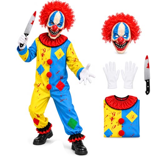 Horror Clown Kostüm Kinder, 4-teiliges Scary Killer Clown Kostüm 5–12 Jahre | Gruseliges Clown Kostüm mit Jumpsuit,Clown Maske,Handschuhe, Requisiten,Halloween Karneval Verkleidung für Jungen und Mädchen