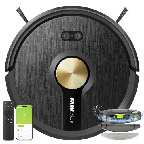 FAMIVAC R10 Saugroboter mit Wischfunktion 3-in-1, 6000pa & 160mins Laufzeit | 7,6cm schlank, 50dB leise, Gyroskop-Navigation, saug und wischroboter, Alexa & App & Siri Steuerung, für Teppich , Hartboden