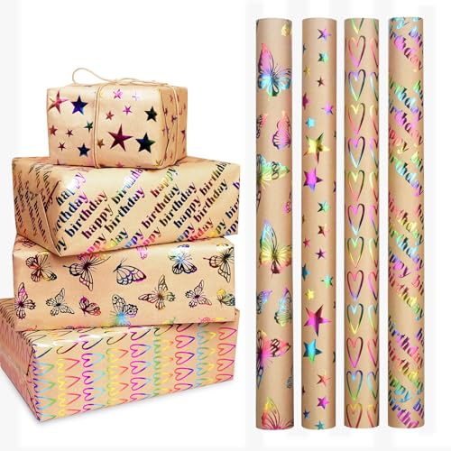 FeinKulturia Geschenkpapier 4 Rollen Geschenkpapierrollen Kinder Geburtstag 43 x 300cm Set Recycelbar Dreidimensional Glitzernde Erwachsene Geschenk Papier Kraftpapier Gift Wrapping Paper