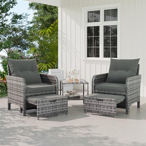 UDPATIO 5-TLG. Rattan Gartenmöbel Set, Balkonmöbel für Kleinen Balkon, inkl. 2 Gepolsterte Sessel, 2 Hocker, 2-stöckiger Kaffeetisch, Wetterfeste Terrassenmöbel für Garten, Terrasse (Grau-meliert)