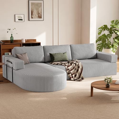 HOMRELEXA Ecksofa mit Schlaffunktion, Cord Schlafsofa L Form, Boneless Couch, Cloud Couch, Wohnlandschaft Schlafcouch mit 75cm Sitzfläche, Modulares Sofa Bed Sofabett mit Abgerundeter Chaise Longue