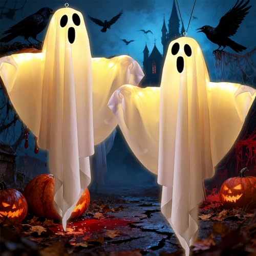 2 Stück Halloween Deko Geister LED,50×40cm Halloween Deko Outdoor Garten Windsäcke Geist,Aufhängen Geister Hängende Anhänger mit Licht,Fantasma Decoracion,Gruselige Windsack Hängende Dekoration