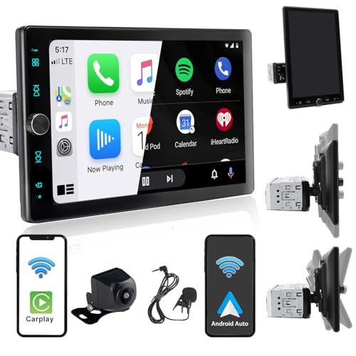 Alondy Autoradio 1Din mit 10.4 Zoll drehbar Bildschirm, Kompatibel mit [Wireless] Apple CarPlay/Android Auto Bluetooth USB AUX SD Rückfahrkamera AM/FM/RDS Radio
