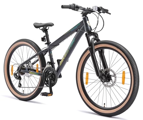 BIKESTAR Kinder Fahrrad Mountainbike 21 Gang Shimano, Scheibenbremse ab 8 Jahre | 24 Zoll Kinderrad MTB | Schwarz