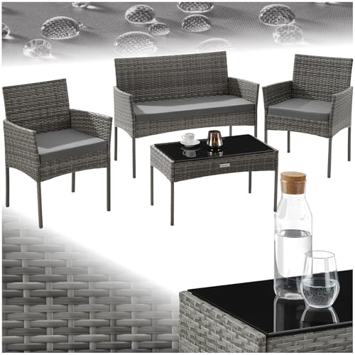 tectake® Rattan Gartenmöbel Set, Outdoor Lounge Möbel,1x Gartenbank, 2X Stuhl, 1x Balkontisch, mit Outdoor Kissen wetterfest, Balkonmöbel Kleiner Balkon, Lounge Gartenmöbel, Terrassenmöbel - grau
