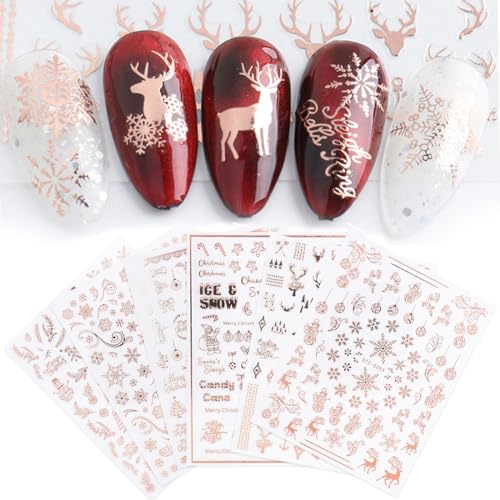 Nagelsticker Weihnachten - JMEOWIO 9 Blatt Nail Art Sticker Nagelaufkleber Selbstklebend Roségold Schneeflocke Urlaub Christmas Dekoration Nageldesign Zubehör