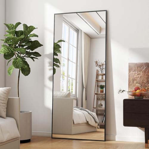 BEAUTYPEAK bruchsicher Ganzkörperspiegel 60x165 cm, Standspiegel hängend oder lehnend an die Wand, groß Bodenspiegel mit Ständer für Schlafzimmer, Wohnzimmer oder Ankleidezimmer, Schwarz