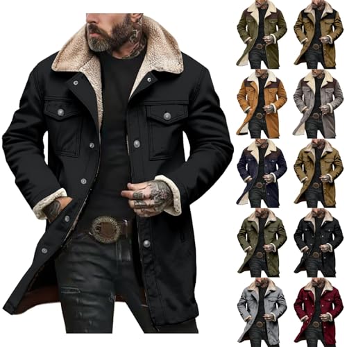 Generisch Winterjacke Herren Warm Fleece Gefüttert mit Knopf und Taschen Vintage Umlegekragen Truckerjacke Kunstledermantel Freizeit Übergangsjacke Herbst Wintermantel Streetwear